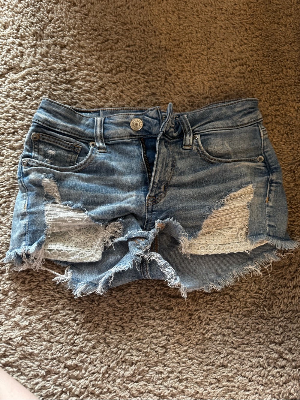 American Eagle Outfitters Distressed Light Blue Denim Jean Shorts with Lace Trim